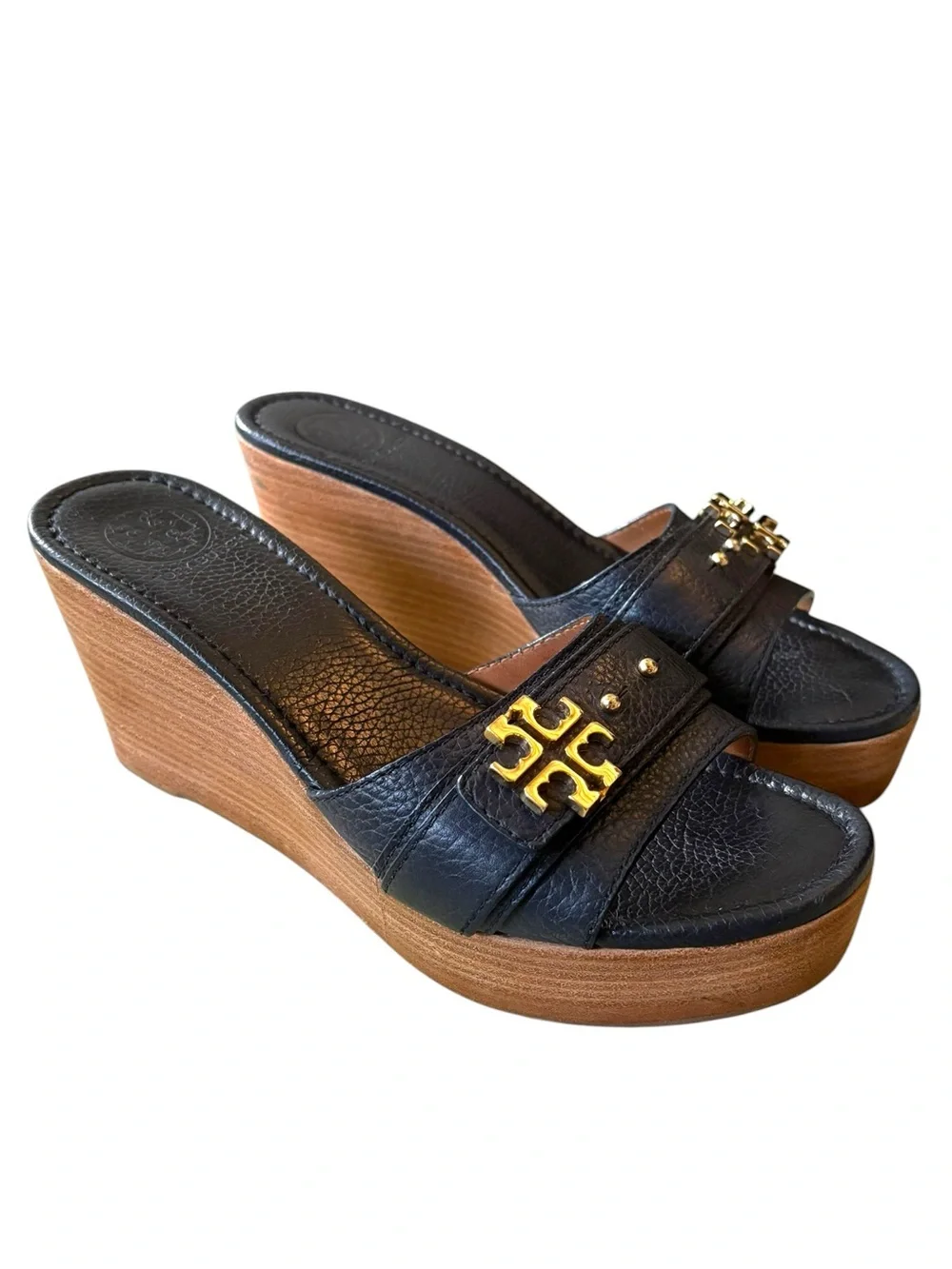 Tory Burch Elina Black Leather Gold Logo Plstform Wedge Sandals - 8.5